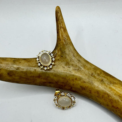 Vintage Deco White Moonstone Gold Sterling Silver Stud Earrings