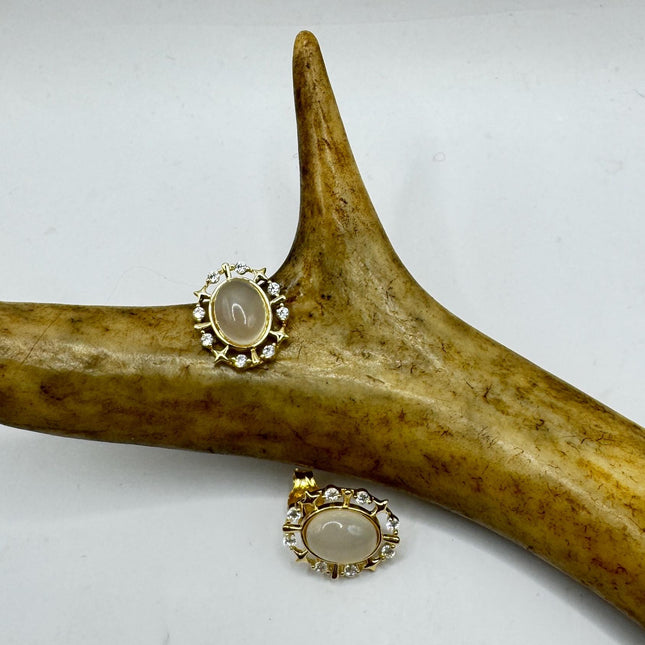 Vintage Deco White Moonstone Gold Sterling Silver Stud Earrings