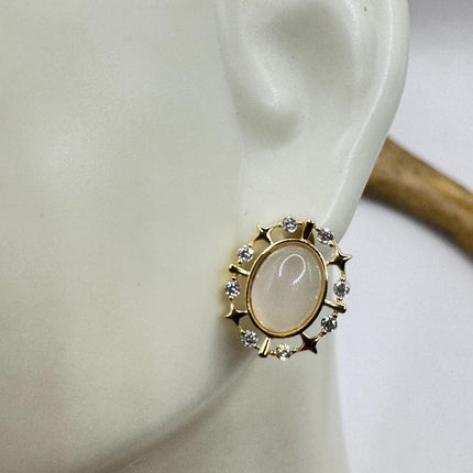 Vintage Deco White Moonstone Gold Sterling Silver Stud Earrings