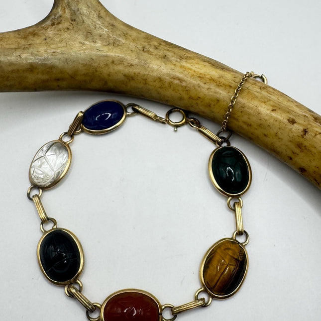 Vintage Gold Filled Scarab Bracelet - Onyx Gemstone Tennis Bracelet