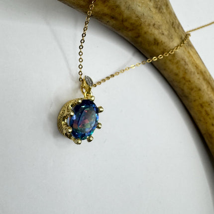 Vintage Golden Choker Necklace 925 Sterling Silver Blue Mystic Topaz
