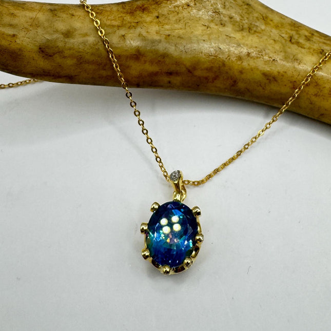 Vintage Golden Choker Necklace 925 Sterling Silver Blue Mystic Topaz