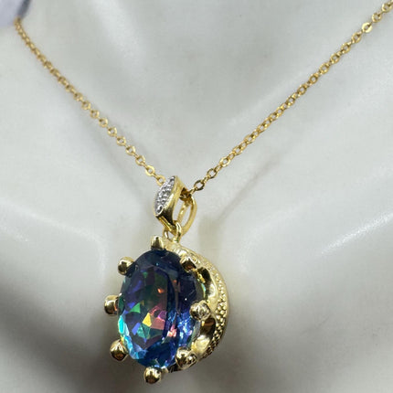 Vintage Golden Choker Necklace 925 Sterling Silver Blue Mystic Topaz