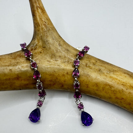 Vintage Purple Amethyst Red Tourmaline 925 Sterling Silver Chandelier Earrings