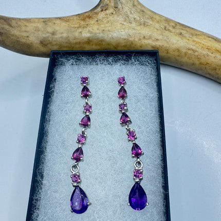 Vintage Purple Amethyst Red Tourmaline 925 Sterling Silver Chandelier Earrings