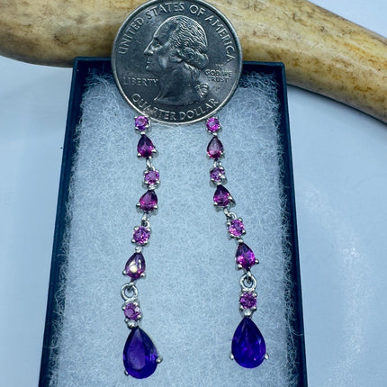 Vintage Purple Amethyst Red Tourmaline 925 Sterling Silver Chandelier Earrings
