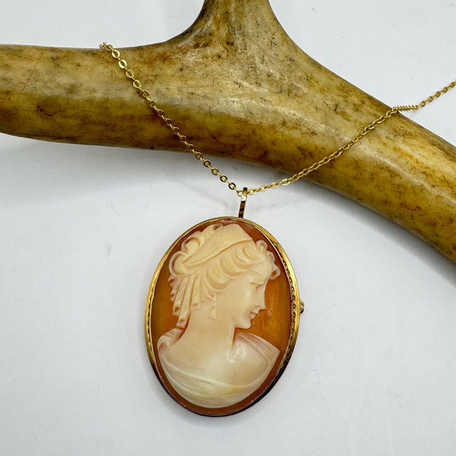 Vintage Cameo Pendant Necklace Pin Gold Filled Chain