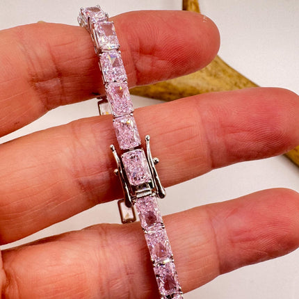 Vintage Pink Ice CZ Tennis Bracelet: 925 Sterling Silver, Baguette Cut
