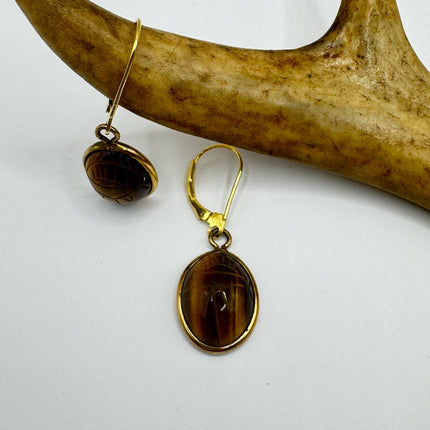 Vintage Tigers Eye Scarab Earrings Dangle Gold Filled