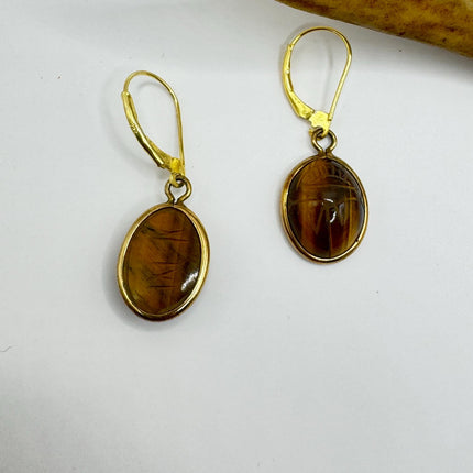 Vintage Tigers Eye Scarab Earrings Dangle Gold Filled