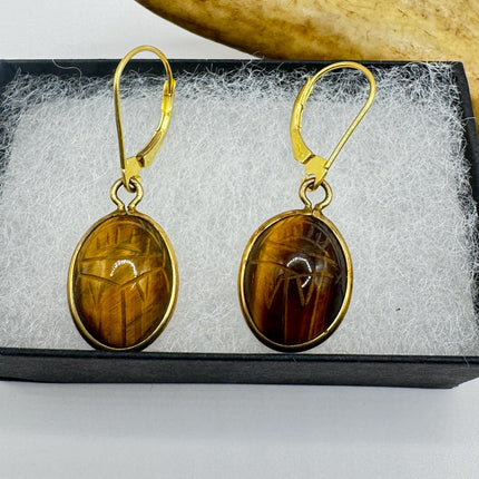 Vintage Tigers Eye Scarab Earrings Dangle Gold Filled