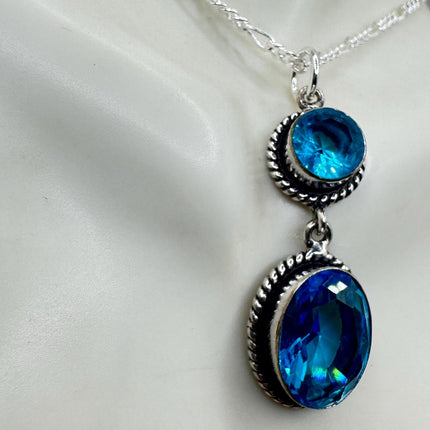 Vintage Aqua Blue Crystal 925 sterling silver chain necklace