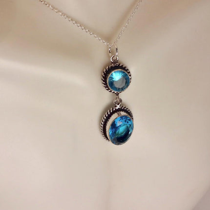Vintage Aqua Blue Crystal 925 sterling silver chain necklace