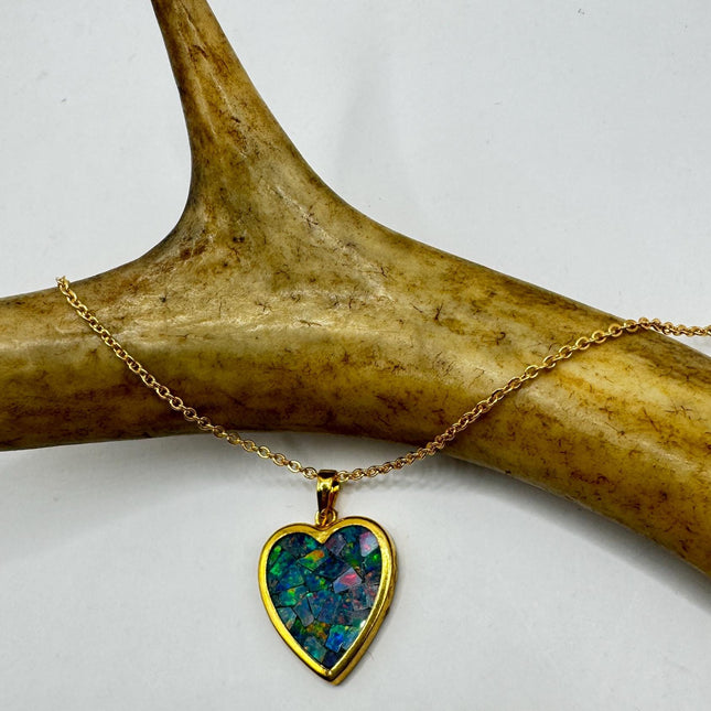 Vintage Blue Fire Opal Heart Necklace: Delicate Gold Filled Chain