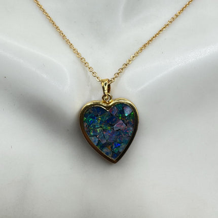 Vintage Blue Fire Opal Heart Necklace: Delicate Gold Filled Chain