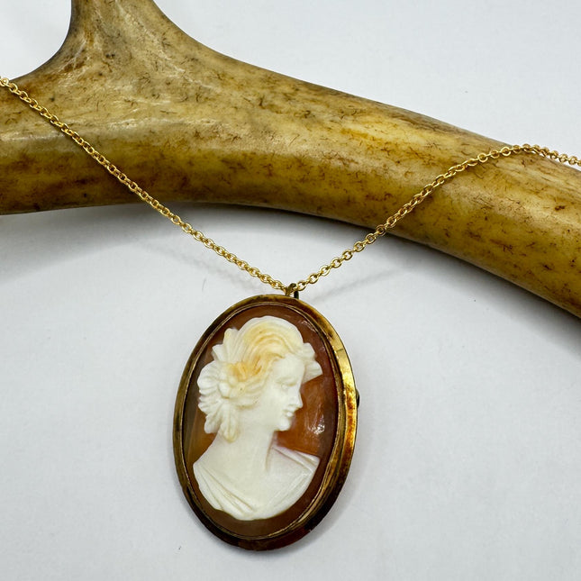 Vintage Cameo Pendant Necklace Pin Gold Filled Chain