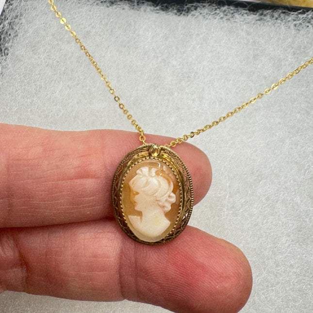 Vintage Cameo Pendant Necklace: Gold Filled Charm, Delicate Chain