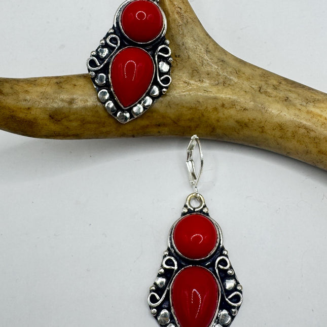 Vintage Red Coral Glass Silver Earrings | 925 sterling Silver Lever Backs
