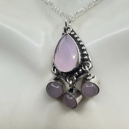 Vintage Pink Rose Quartz Boho Silver Necklace