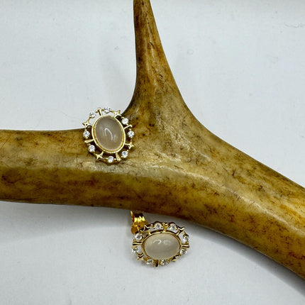 Vintage Deco White Moonstone Gold Sterling Silver Stud Earrings
