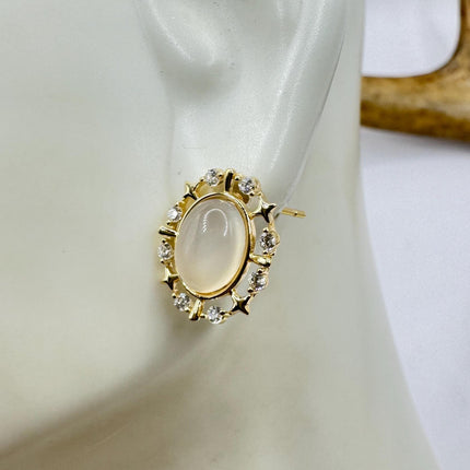 Vintage Deco White Moonstone Gold Sterling Silver Stud Earrings