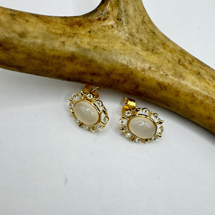 Vintage Deco White Moonstone Gold Sterling Silver Stud Earrings