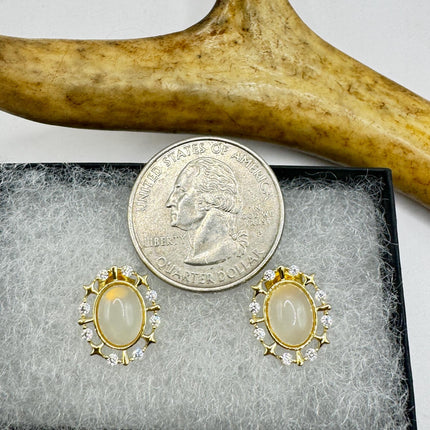 Vintage Deco White Moonstone Gold Sterling Silver Stud Earrings