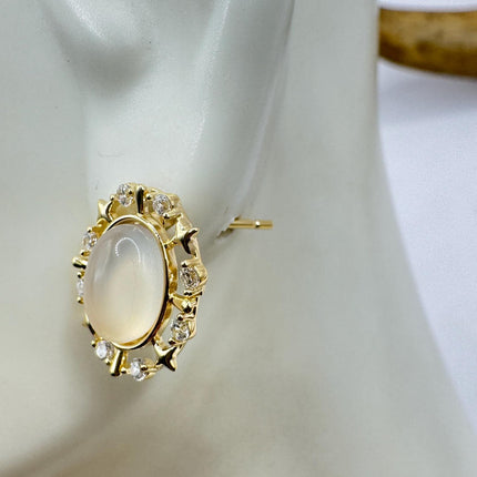 Vintage Deco White Moonstone Gold Sterling Silver Stud Earrings