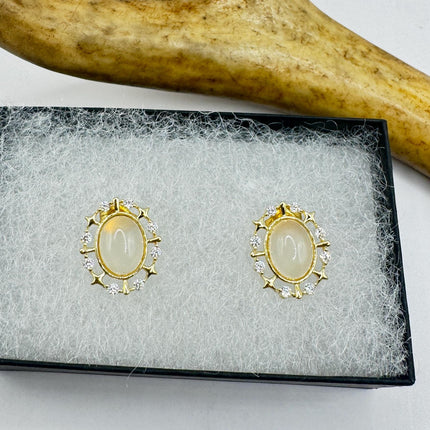 Vintage Deco White Moonstone Gold Sterling Silver Stud Earrings
