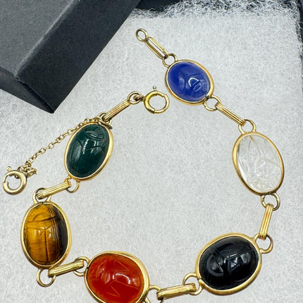Vintage Gold Filled Scarab Bracelet - Onyx Gemstone Tennis Bracelet