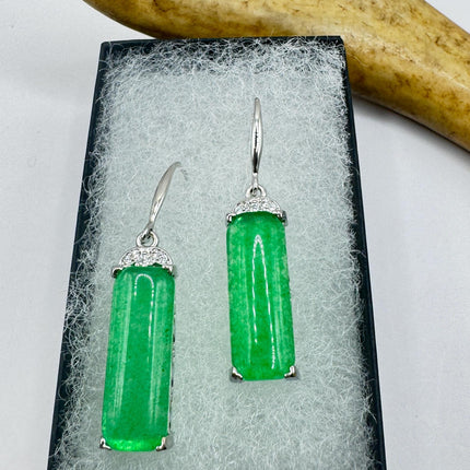 Vintage Green Jade Dangle Lucky Silver Earrings