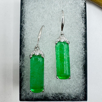 Vintage Green Jade Dangle Lucky Silver Earrings