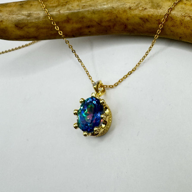 Vintage Golden Choker Necklace 925 Sterling Silver Blue Mystic Topaz