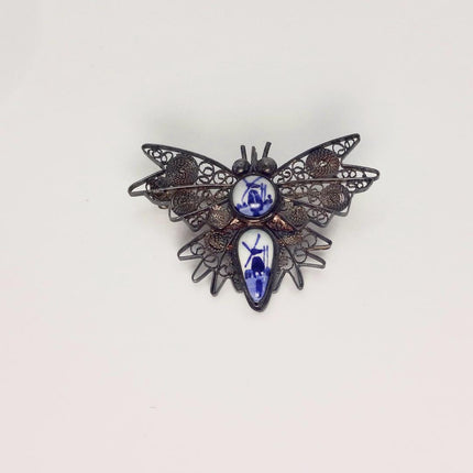 Vintage Blue Painted Enamel Butterfly Brooch: Sterling Silver Filigree Pin
