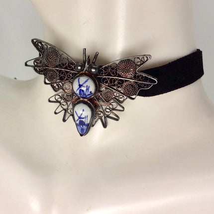 Vintage Blue Painted Enamel Butterfly Brooch: Sterling Silver Filigree Pin