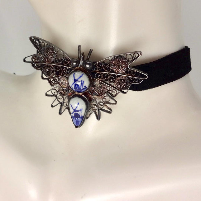 Vintage Blue Painted Enamel Butterfly Brooch: Sterling Silver Filigree Pin