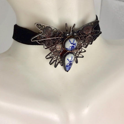 Vintage Blue Painted Enamel Butterfly Brooch: Sterling Silver Filigree Pin