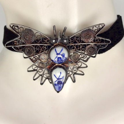 Vintage Blue Painted Enamel Butterfly Brooch: Sterling Silver Filigree Pin