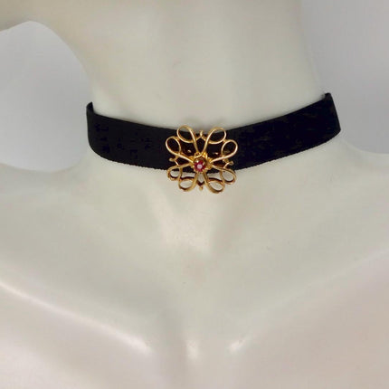 Vintage Red Ruby Brooch: Gold Filled Velvet Choker