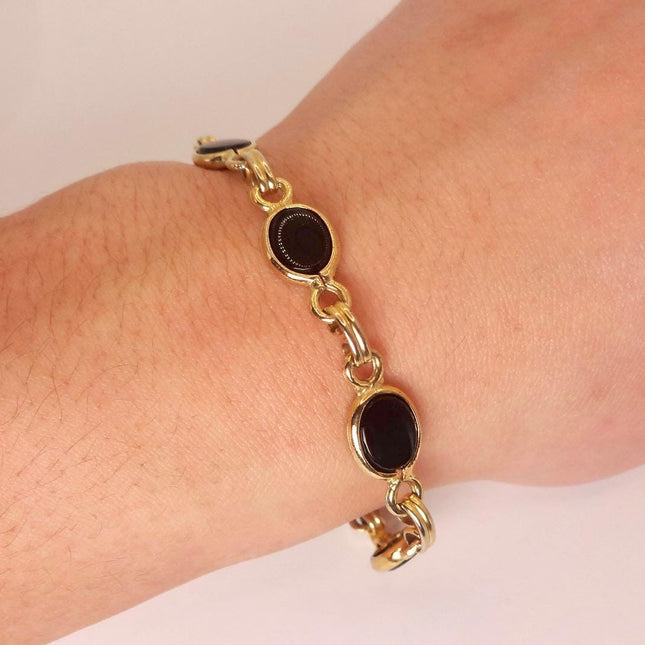 Vintage Black Onyx Bracelet: Gold Filled Bezel, Dainty Stackable