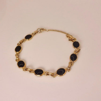 Vintage Black Onyx Bracelet: Gold Filled Bezel, Dainty Stackable