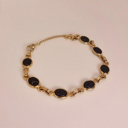 Vintage Black Onyx Bracelet: Gold Filled Bezel, Dainty Stackable