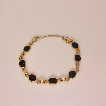 Vintage Black Onyx Bracelet: Gold Filled Bezel, Dainty Stackable