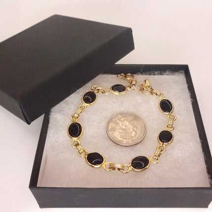 Vintage Black Onyx Bracelet: Gold Filled Bezel, Dainty Stackable