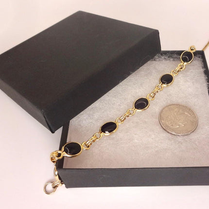 Vintage Black Onyx Bracelet: Gold Filled Bezel, Dainty Stackable