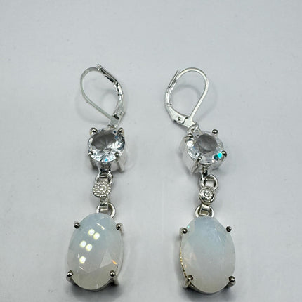 Vintage White Opal Glass Dangle Earrings Sterling Silver Design Statement Leverbacks