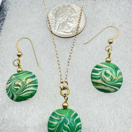 Green Venetian Glass Necklace and Earrings: Vintage Design Gold Filled