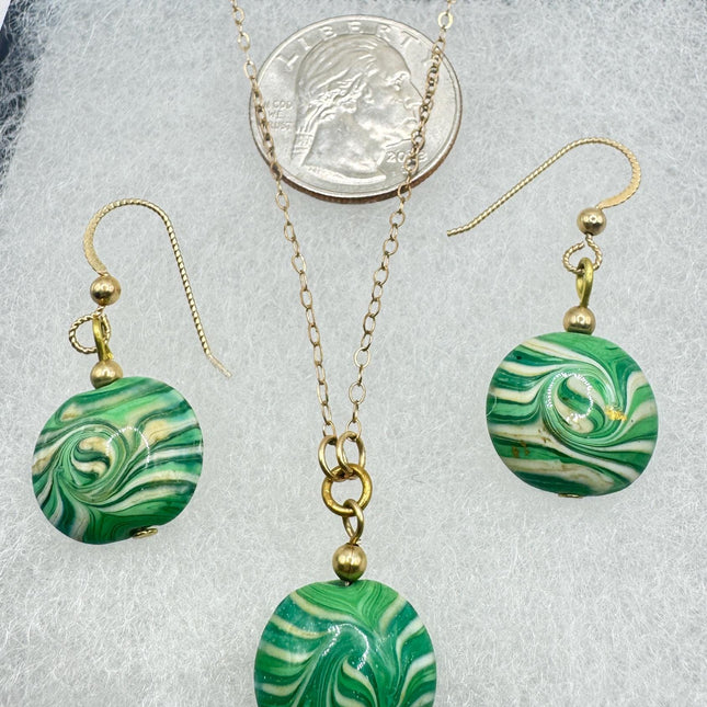 Green Venetian Glass Necklace and Earrings: Vintage Design Gold Filled