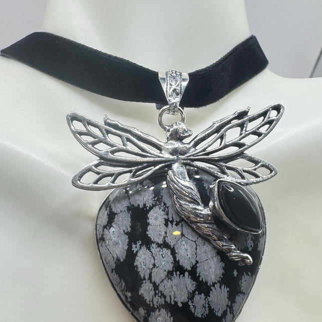Vintage Velvet Choker Silver, White Bronze, Grey Snowflake Obsidian Necklace