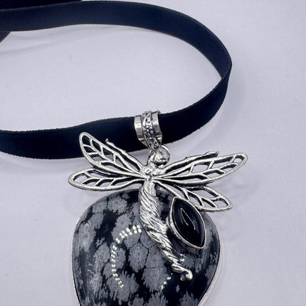 Vintage Velvet Choker Silver, White Bronze, Grey Snowflake Obsidian Necklace